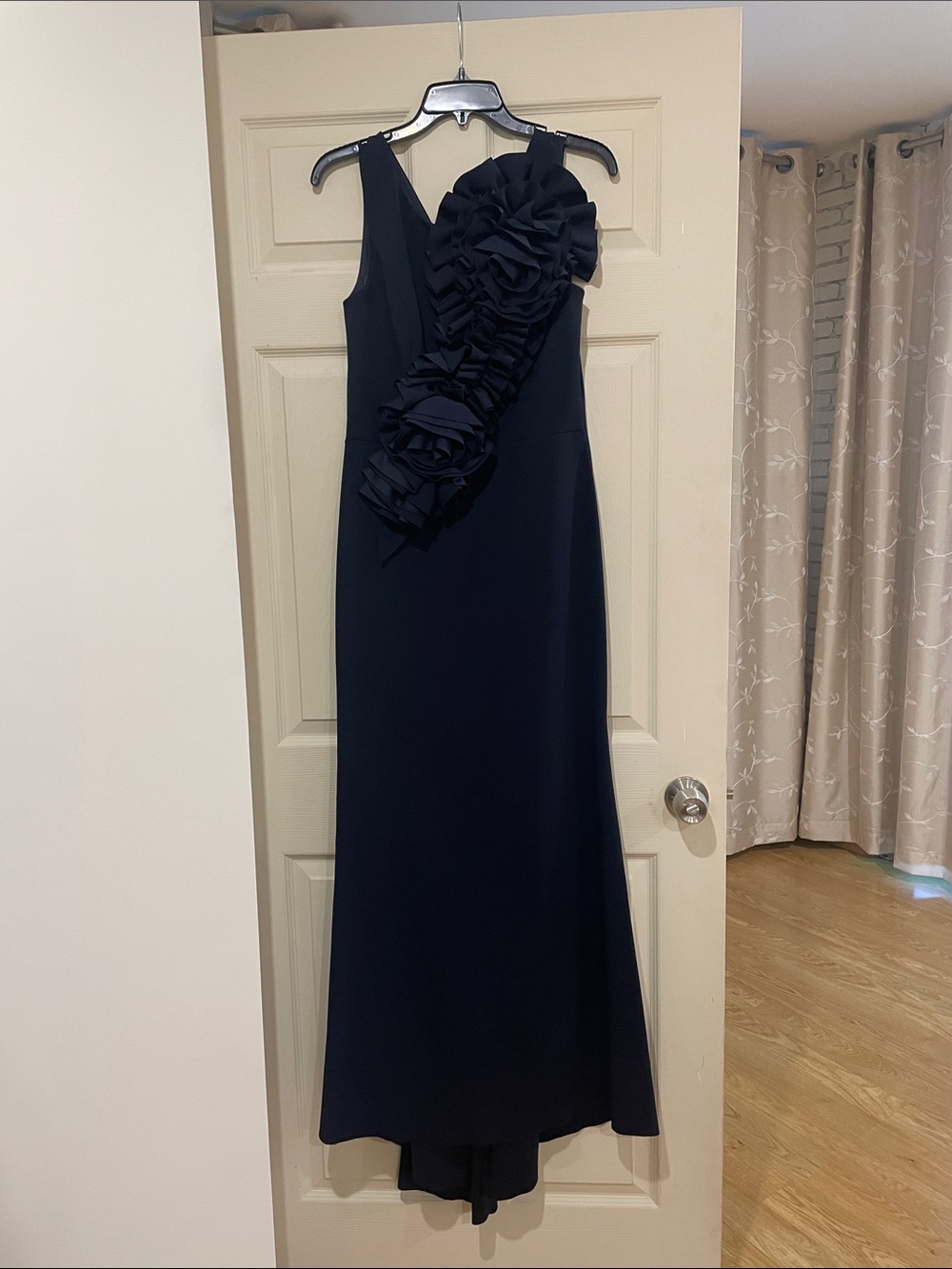 Betsy & Adam Navy Ruffle Column Gown
